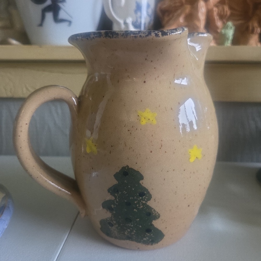 THREE RIVERS POTTERY 1998 pitcher Cabin Trees Stars No. 13 Christmas Cottagecore